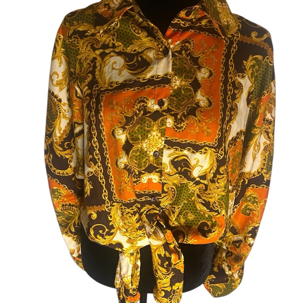 Vibrant Orange and Gold Patterned Blouse